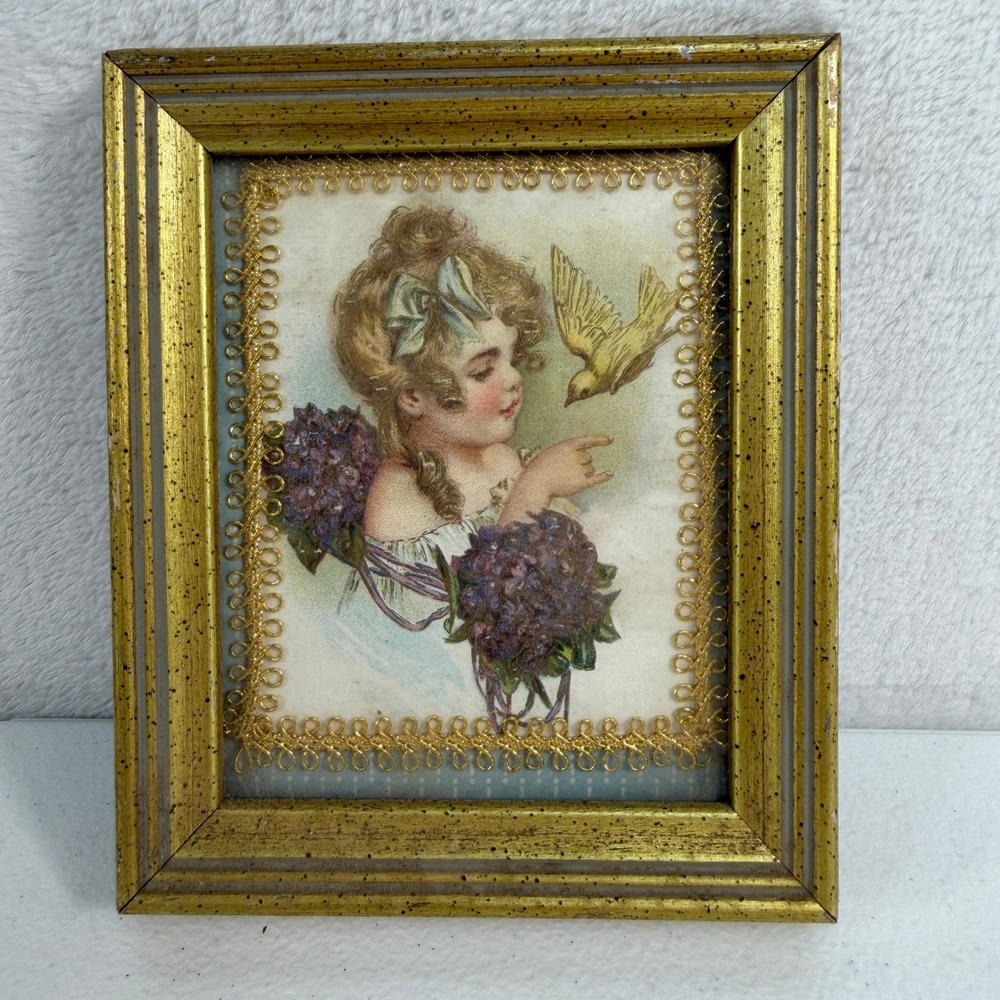 Vintage 5.5x6.5 Framed Art Victorian Girl Bird Flowers Gold Frame Cottagecore